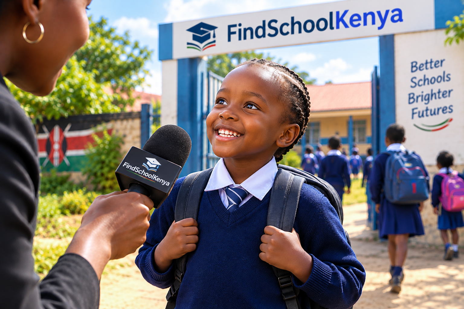 A smiling Kenyan pupil at a school gate with the FindSchoolKenya sign
